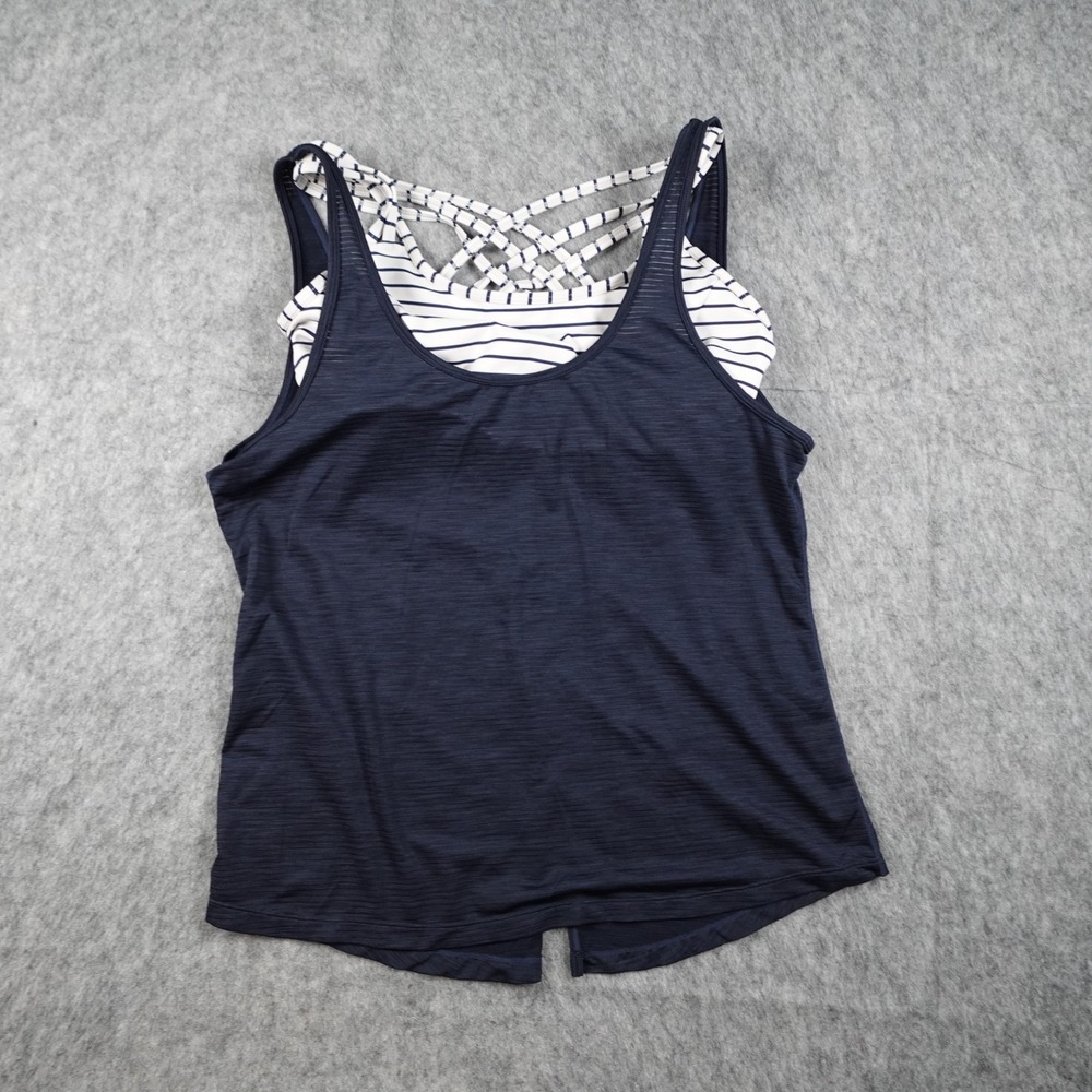 Athleta Top Women‎ Medium Navy Blue Striped Strappy Built In Bra Layered 2 in 1